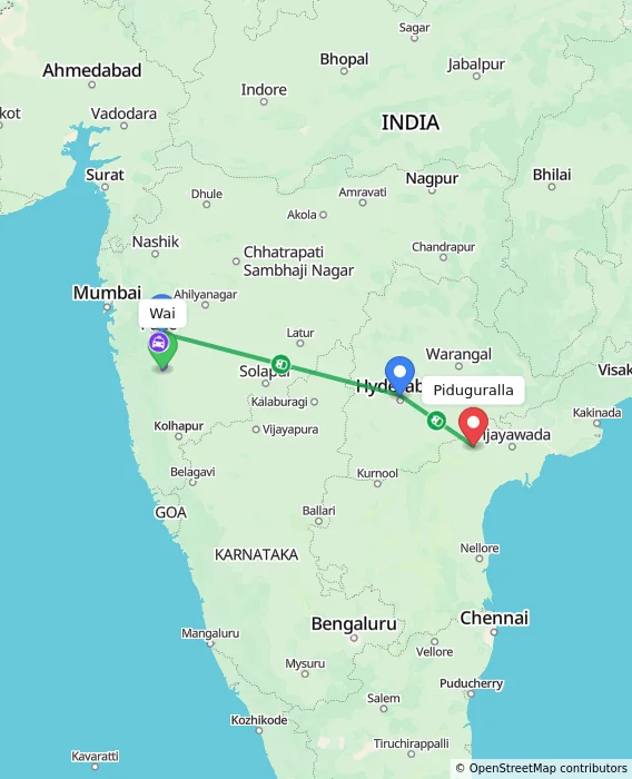 Route map showing distance and travel time from Wai, India to Piduguralla, India