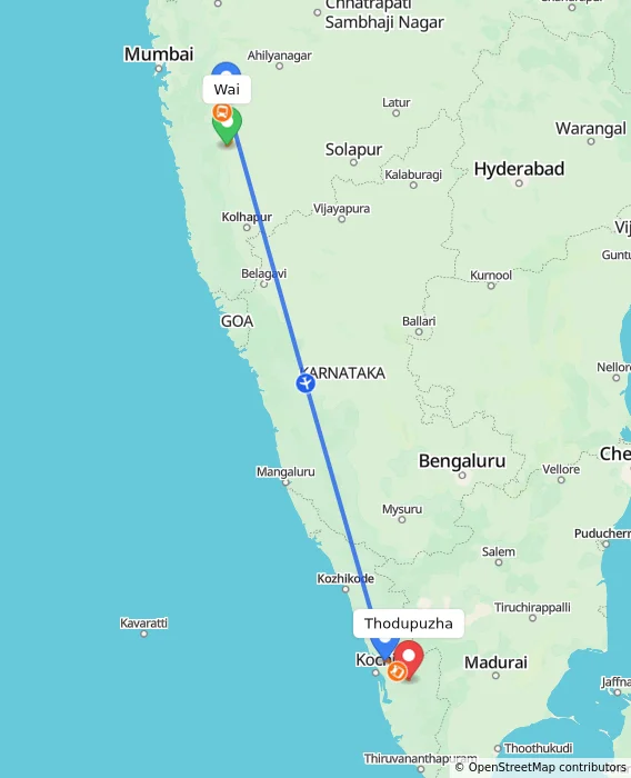 Route map showing distance and travel time from Wai, India to Thodupuzha, India