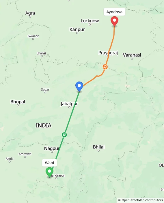 Route map showing distance and travel time from Wani, India to Ayodhya, India