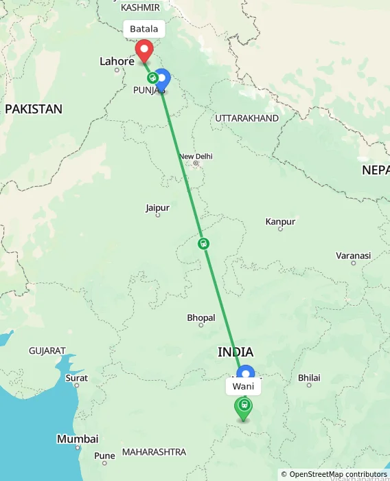 Route map showing distance and travel time from Wani, India to Batala, India