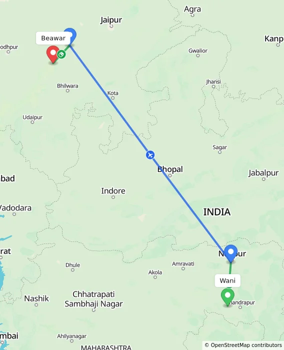 Route map showing distance and travel time from Wani, India to Beawar, India
