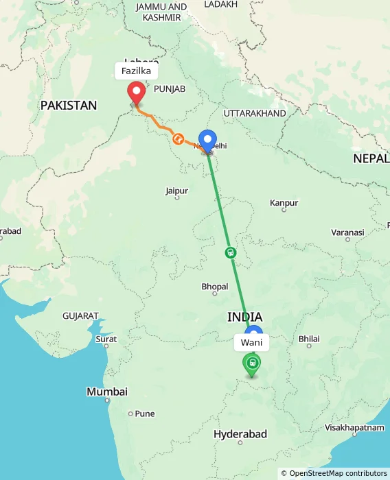 Route map showing distance and travel time from Wani, India to Fazilka, India