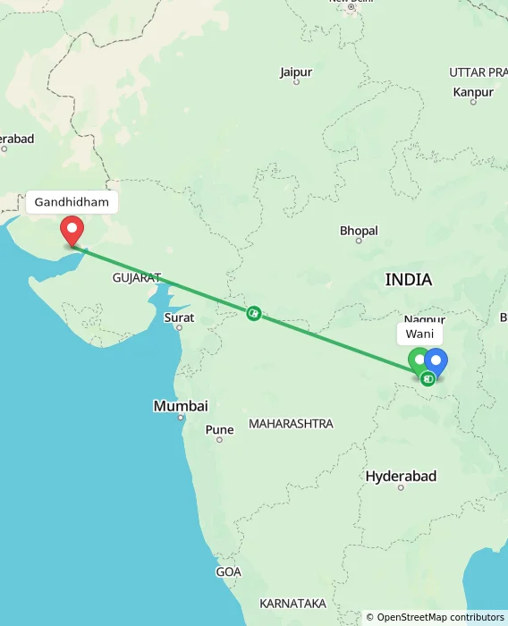 Route map showing distance and travel time from Wani, India to Gandhidham, India