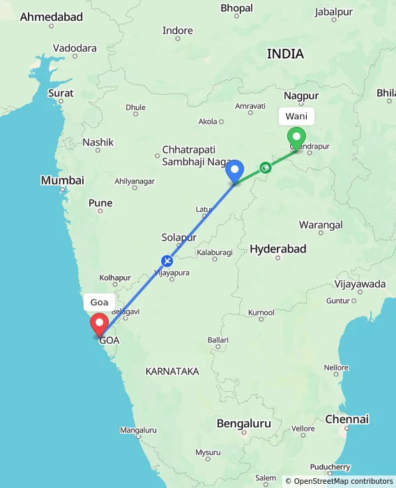 Route map showing distance and travel time from Wani, India to Goa, India