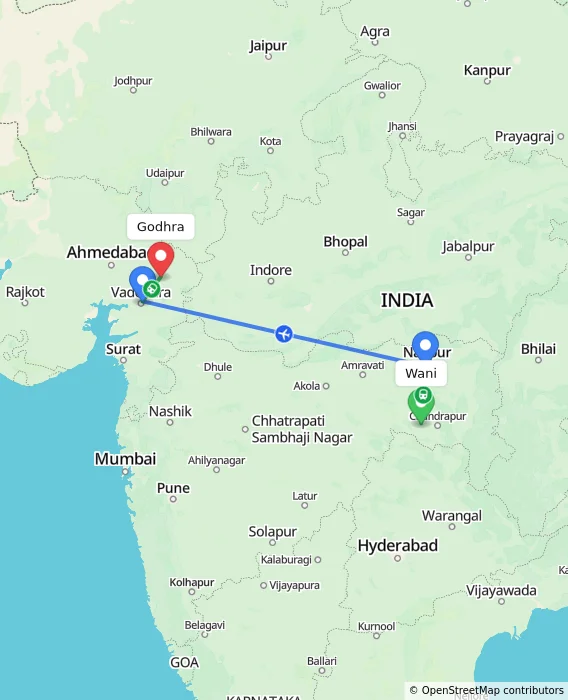 Route map showing distance and travel time from Wani, India to Godhra, India