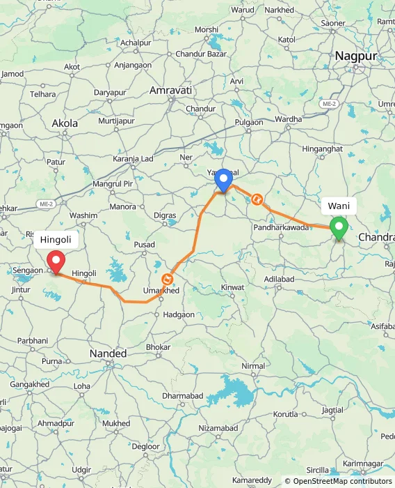 Route map showing distance and travel time from Wani, India to Hingoli, India