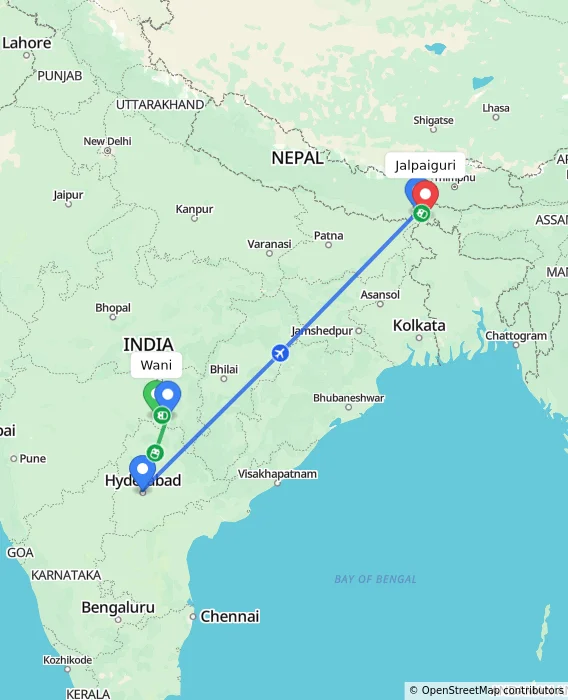 Route map showing distance and travel time from Wani, India to Jalpaiguri, India