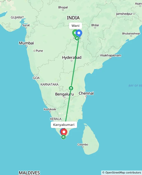 Route map showing distance and travel time from Wani, India to Kanyakumari, India