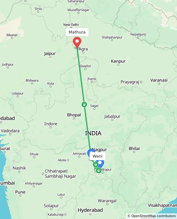 Route map showing distance and travel time from Wani, India to Mathura, India