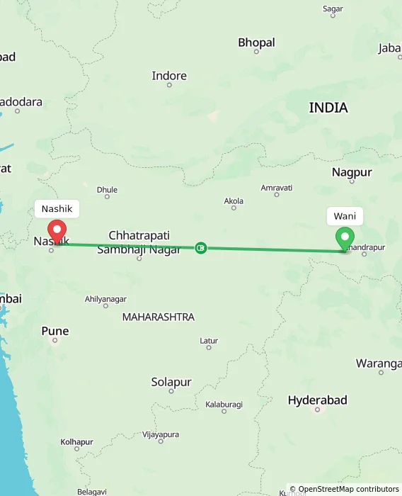 Route map showing distance and travel time from Wani, India to Nashik, India