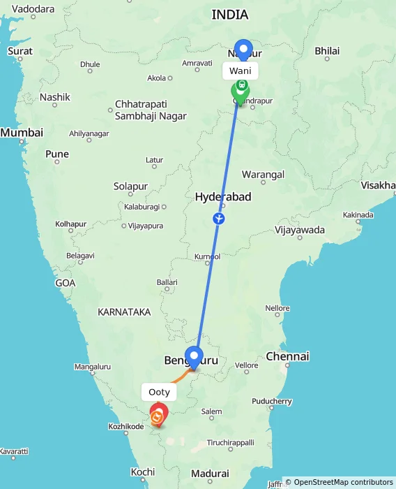 Route map showing distance and travel time from Wani, India to Ooty, India