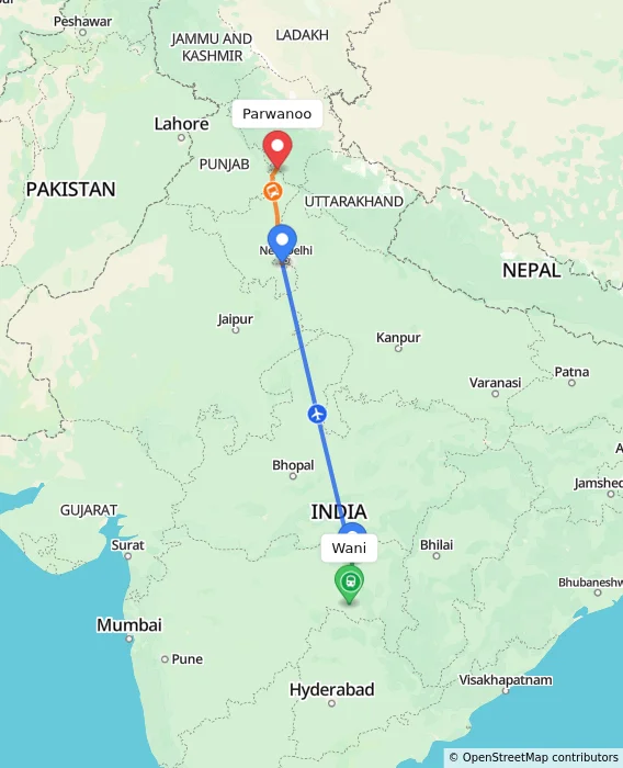 Route map showing distance and travel time from Wani, India to Parwanoo, India