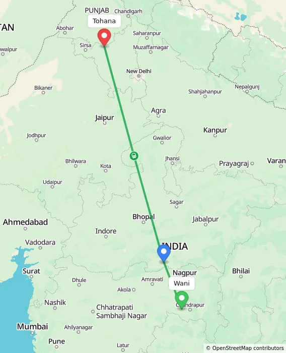 Route map showing distance and travel time from Wani, India to Tohana, India