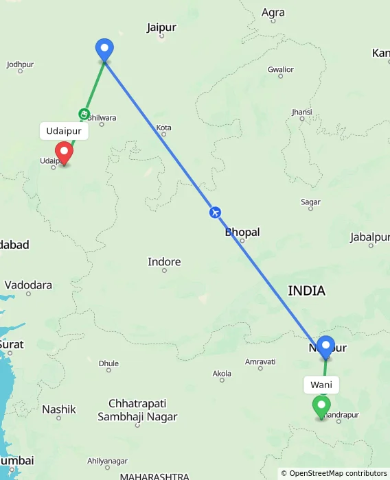 Route map showing distance and travel time from Wani, India to Udaipur, India