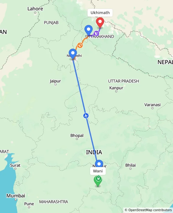 Route map showing distance and travel time from Wani, India to Ukhimath, India