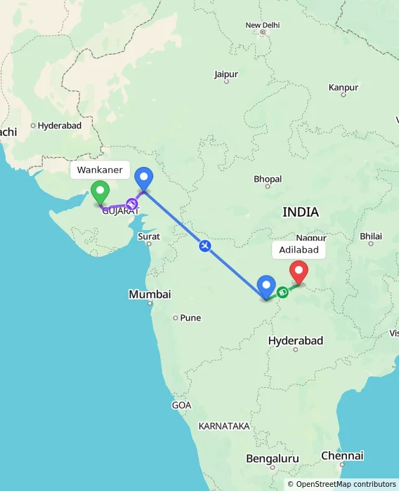 Route map showing distance and travel time from Wankaner, India to Adilabad, India