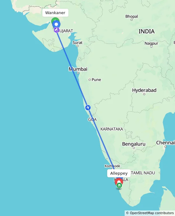 Route map showing distance and travel time from Wankaner, India to Alappuzha, India