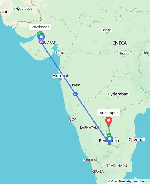 Route map showing distance and travel time from Wankaner, India to Anantapur, India
