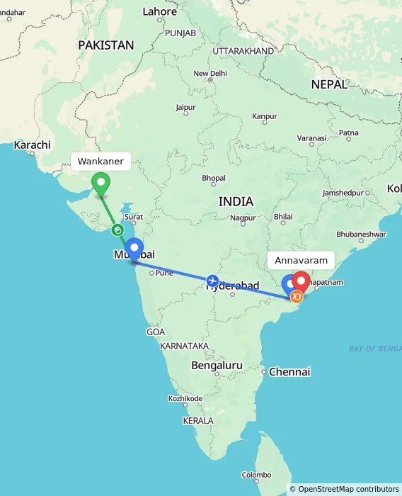 Route map showing distance and travel time from Wankaner, India to Annavaram, India