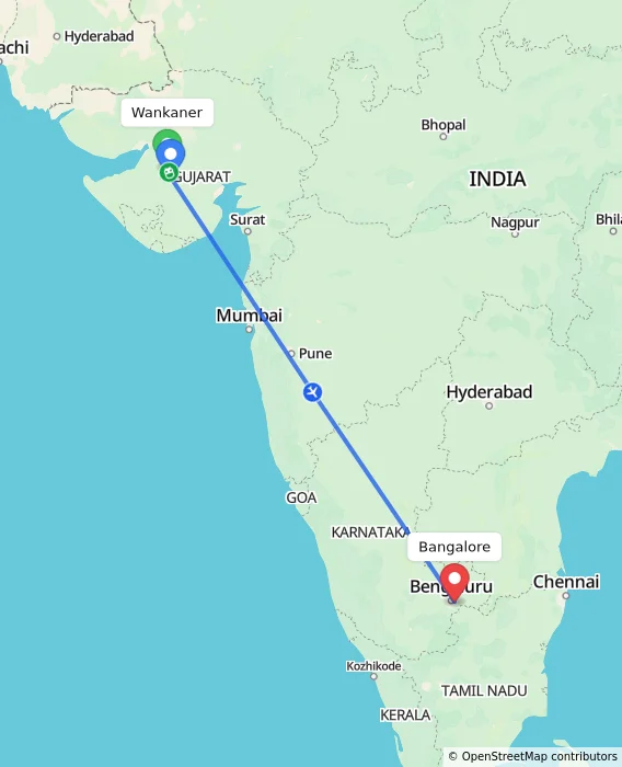 Route map showing distance and travel time from Wankaner, India to Bangalore, India