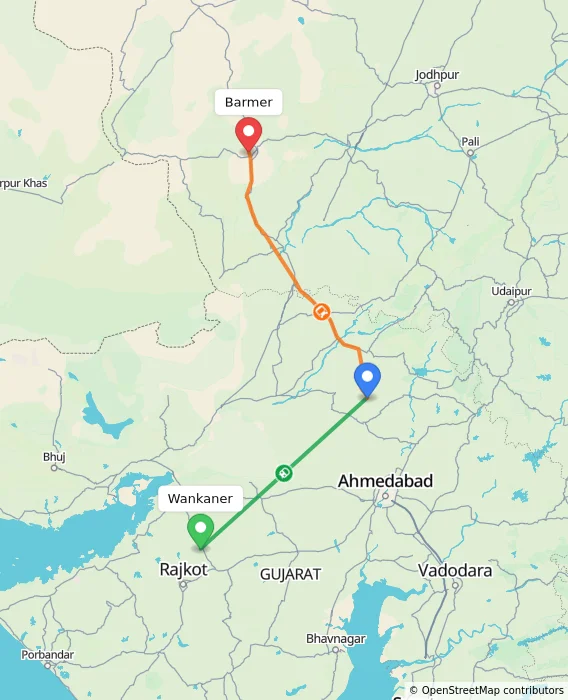 Route map showing distance and travel time from Wankaner, India to Barmer, India