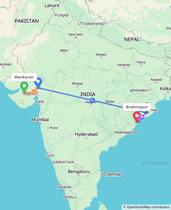 Route map showing distance and travel time from Wankaner, India to Brahmapur, India