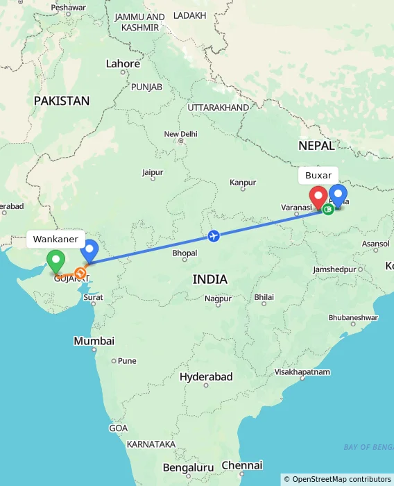 Route map showing distance and travel time from Wankaner, India to Buxar, India