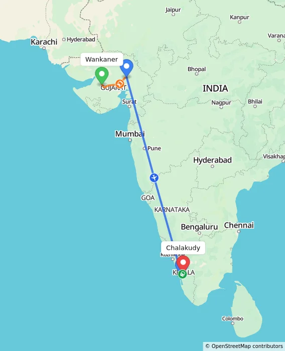 Route map showing distance and travel time from Wankaner, India to Chalakudy, India