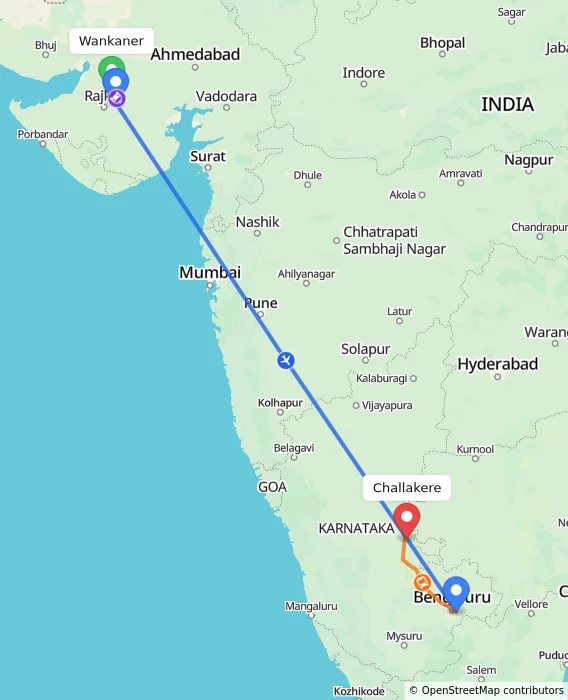 Route map showing distance and travel time from Wankaner, India to Challakere, India