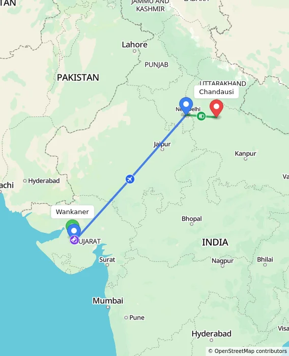 Route map showing distance and travel time from Wankaner, India to Chandausi, India