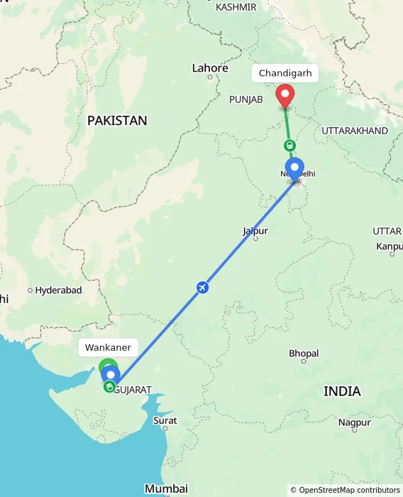 Route map showing distance and travel time from Wankaner, India to Chandigarh, India