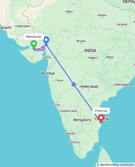 Route map showing distance and travel time from Wankaner, India to Chennai, India