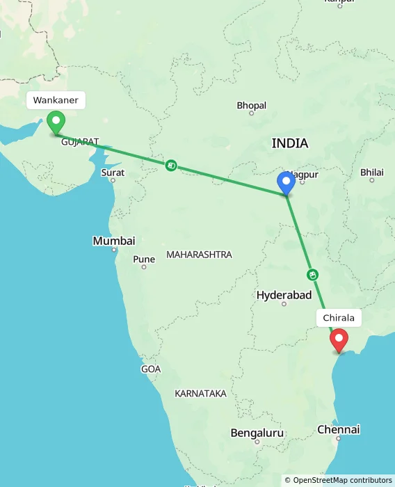 Route map showing distance and travel time from Wankaner, India to Chirala, India