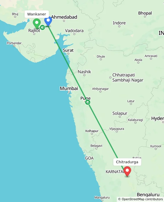 Route map showing distance and travel time from Wankaner, India to Chitradurga, India