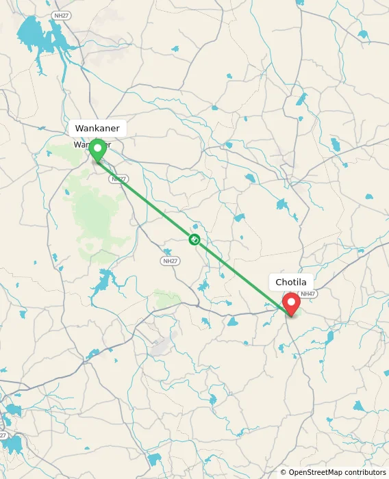 Route map showing distance and travel time from Wankaner, India to Chotila, India