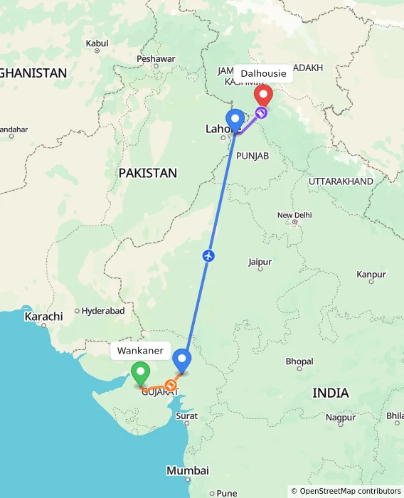 Route map showing distance and travel time from Wankaner, India to Dalhousie, India