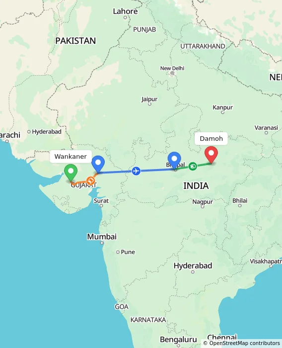 Route map showing distance and travel time from Wankaner, India to Damoh, India