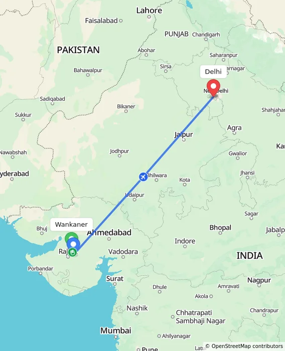 Route map showing distance and travel time from Wankaner, India to Delhi, India