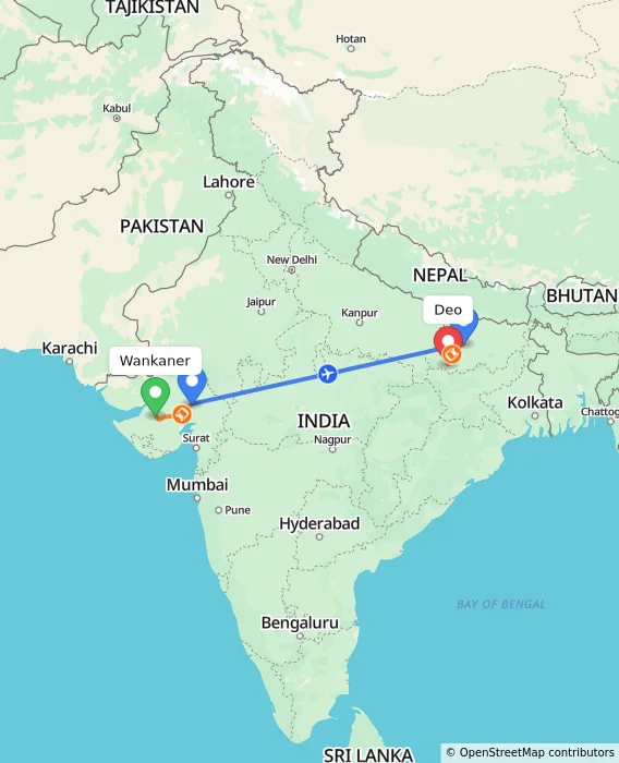 Route map showing distance and travel time from Wankaner, India to Deo, India