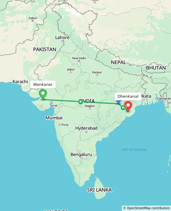 Route map showing distance and travel time from Wankaner, India to Dhenkanal, India