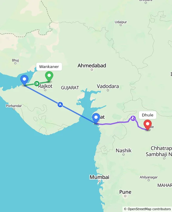 Route map showing distance and travel time from Wankaner, India to Dhule, India