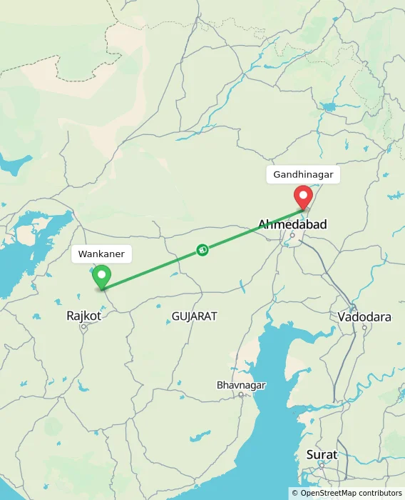 Route map showing distance and travel time from Wankaner, India to Gandhinagar, India