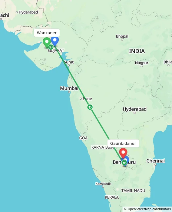 Route map showing distance and travel time from Wankaner, India to Gauribidanur, India