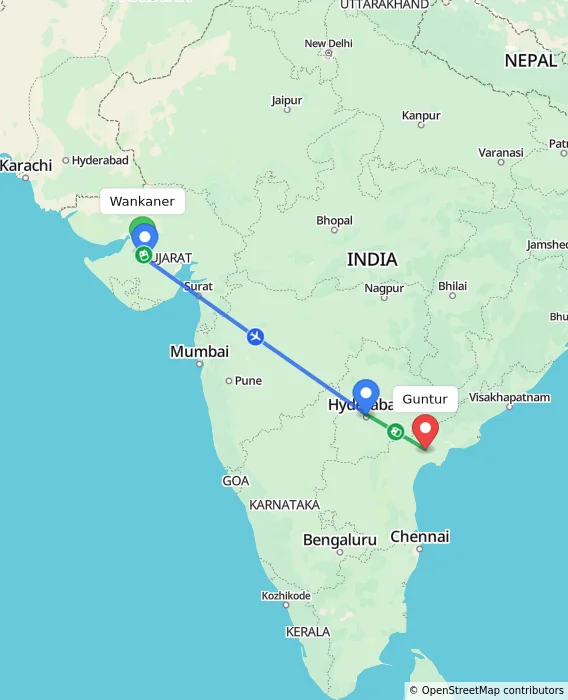 Route map showing distance and travel time from Wankaner, India to Guntur, India