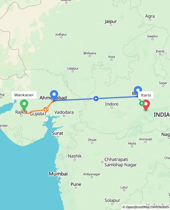 Route map showing distance and travel time from Wankaner, India to Itarsi, India