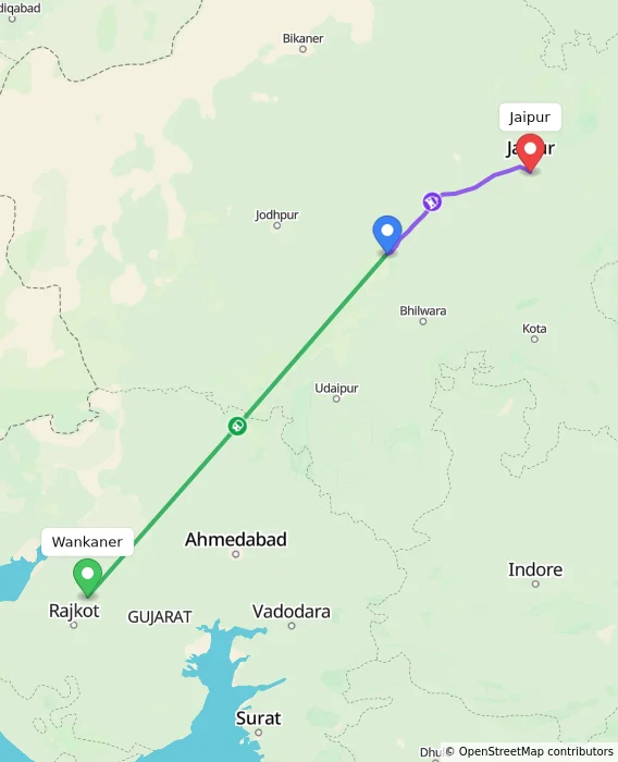 Route map showing distance and travel time from Wankaner, India to Jaipur, India