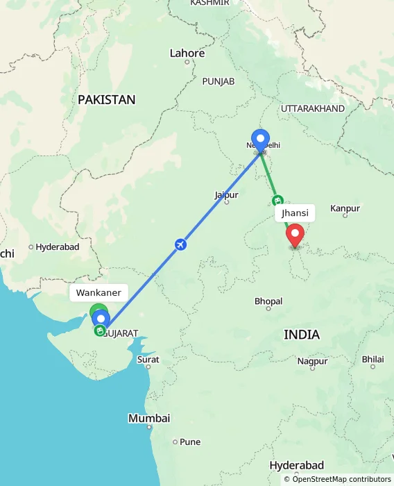 Route map showing distance and travel time from Wankaner, India to Jhansi, India