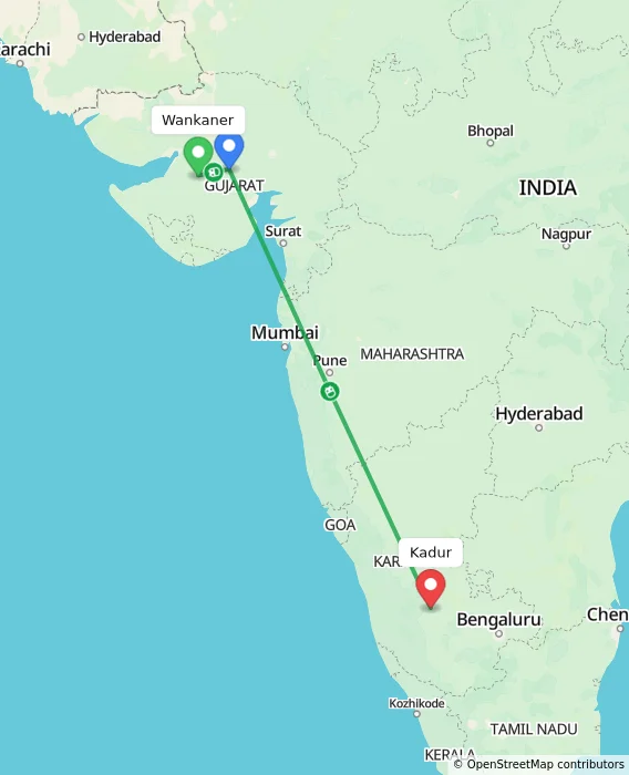 Route map showing distance and travel time from Wankaner, India to Kadur, India