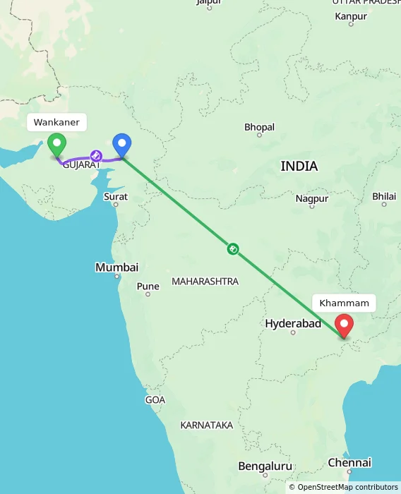 Route map showing distance and travel time from Wankaner, India to Khammam, India