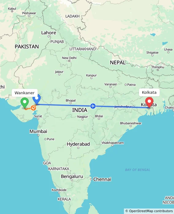 Route map showing distance and travel time from Wankaner, India to Kolkata, India